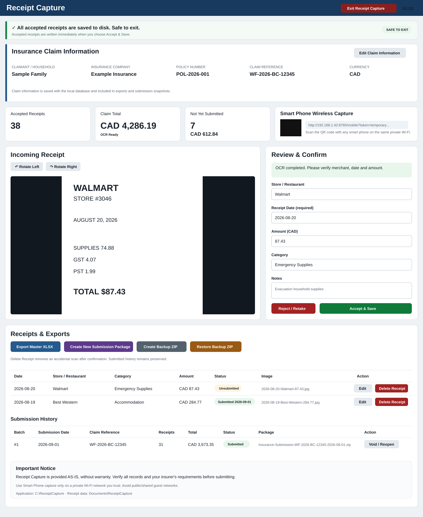 Receipt Capture dashboard preview
